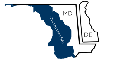 Map of our service area in Delaware and Maryland's Eastern Shore, showing New Castle, Kent, and Sussex counties in Delaware, as well as Queen Anne's, Talbot, Kent, Dorchester, Caroline, Wicomico, Worcester, and Somerset counties in Maryland.