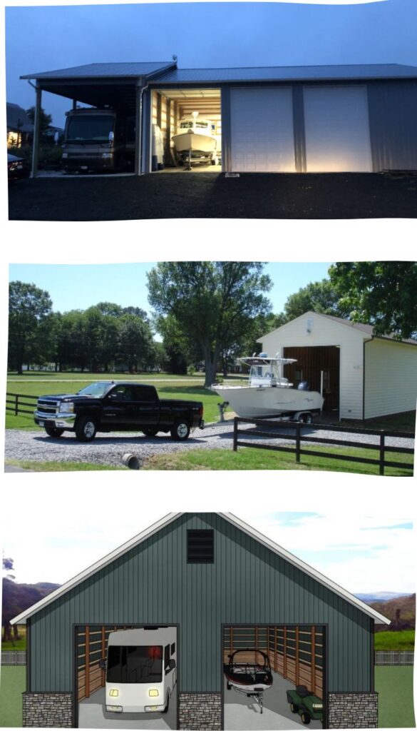 Collage showcasing secure and spacious boat and RV storage in Delaware's pole buildings by Titan Buildings.