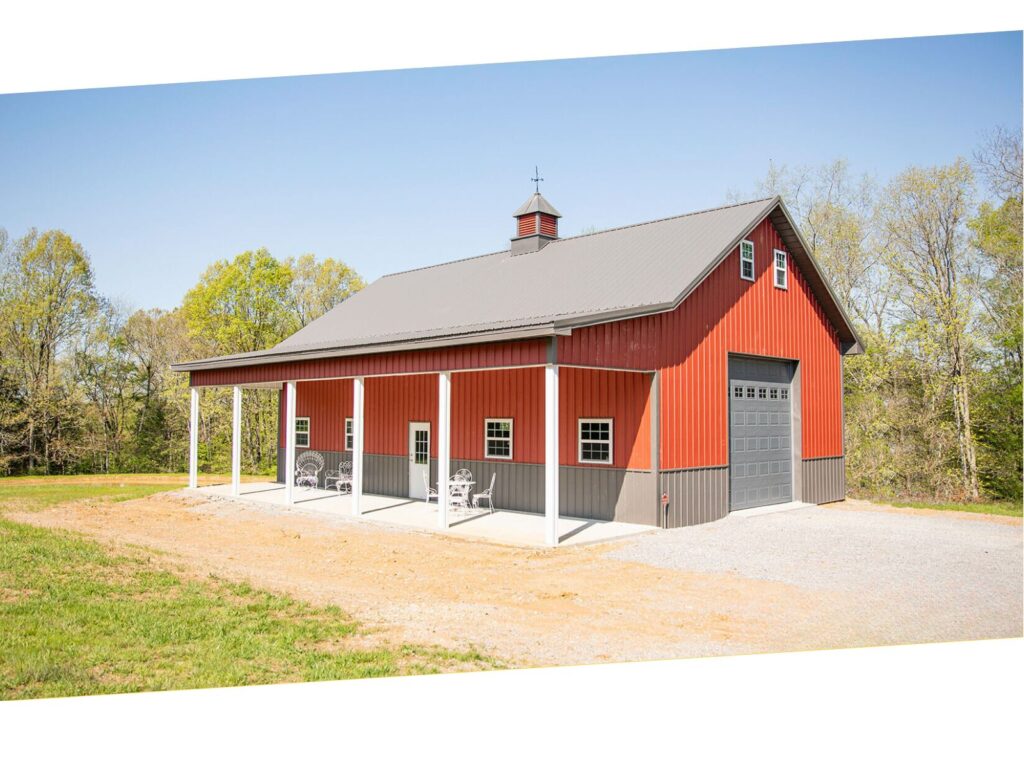 Delaware Pole Building with Lean-To designed for Delaware Boating and RVs. 22x60x16 Pole barn with cupola, wainscoting and glass in overhead door