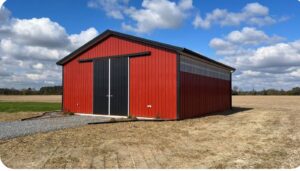 30x40 Pole Barn in Maryland with trolly spilt sliding doors for RV storage