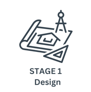 Design stage graphic with a blueprint and framing triangle, representing the first stage in Titan Buildings’ pole building process.