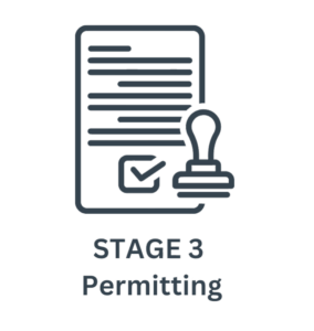 Permits stage graphic with a permit document, checkmark, and approval stamp for Titan Buildings’ pole building process.