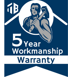 Titan Buildings 5-Year Workmanship Warranty badge featuring a flexing construction worker with a hammer